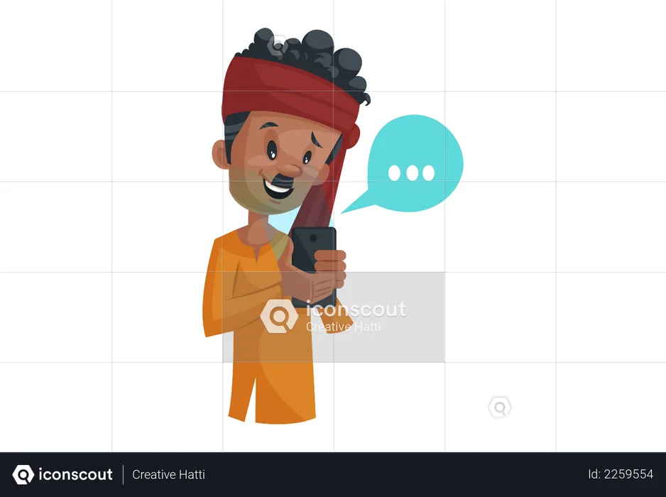 Vegetable seller is a reading message holding a mobile in hand  Illustration