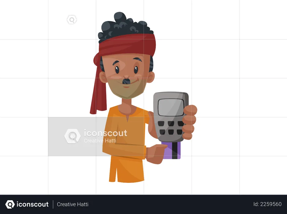 Vegetable seller is holding a swipe machine and ATM card in hand  Illustration