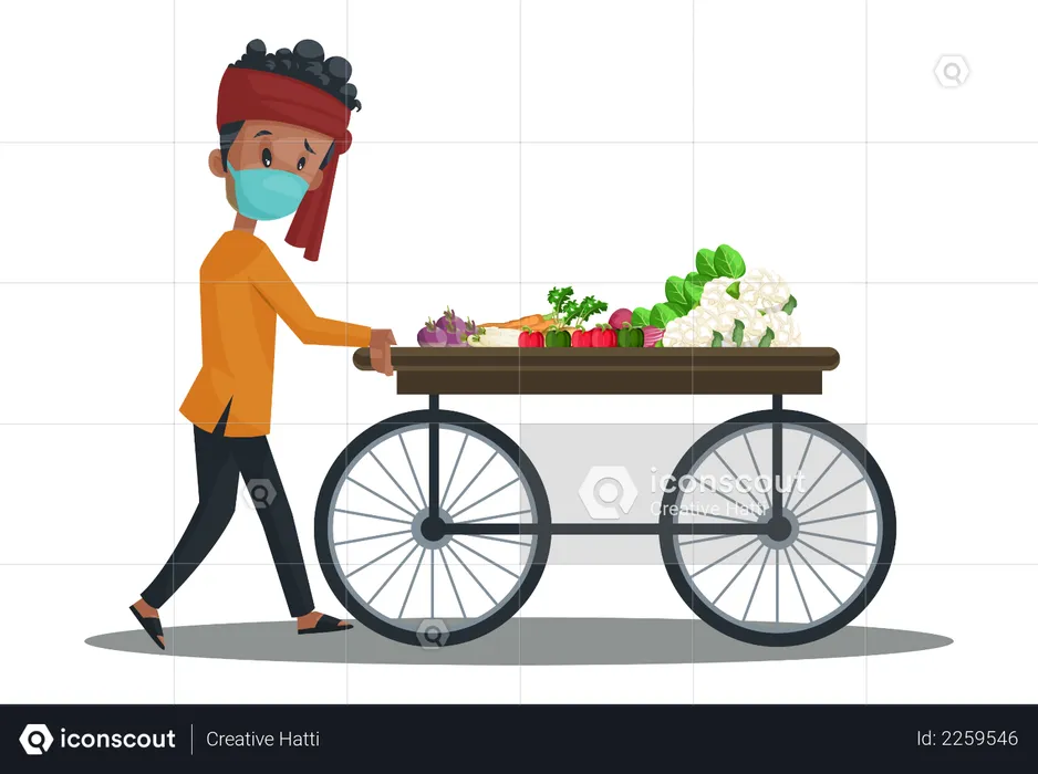 Vegetable seller is wearing mask and pushing the vegetable wooden cart  Illustration