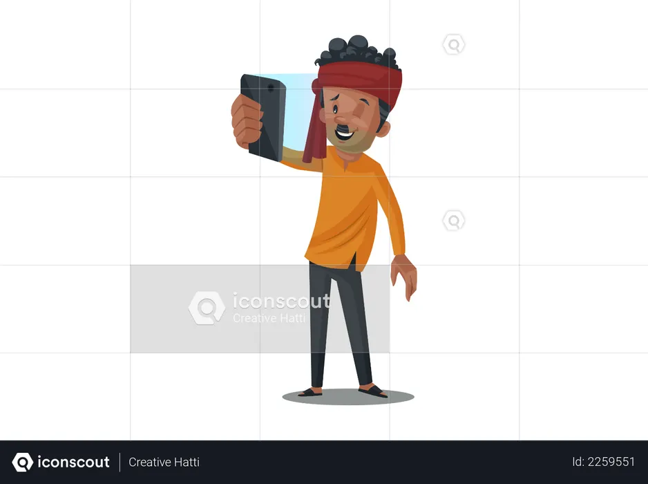 Vegetable seller taking a selfie with the mobile phone  Illustration