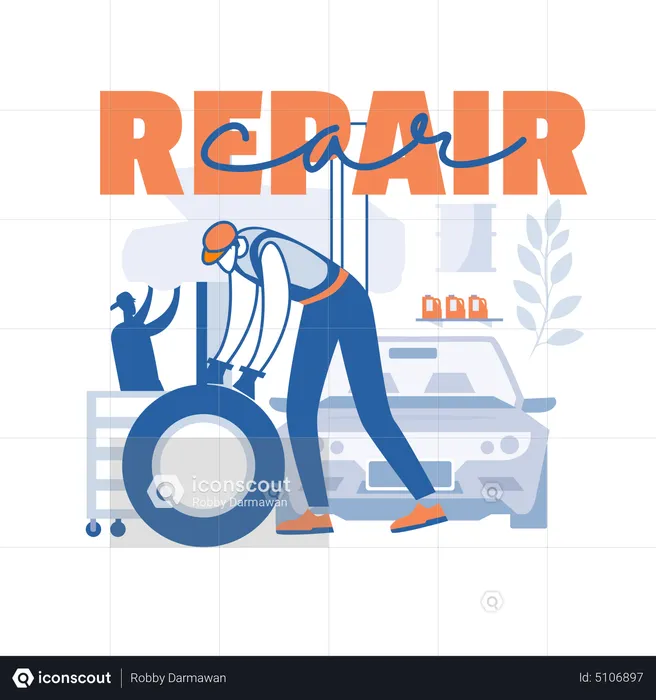 Vehicle repairman repairing car tire  Illustration
