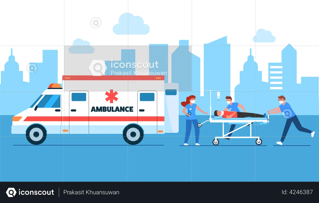 Vehículo de emergencia para recoger al herido accidente de coche  Ilustración