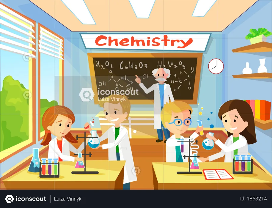 Vektor-Cartoon-Hintergrund mit Chemie-Klassenzimmer und Charakter-Studenten  Illustration