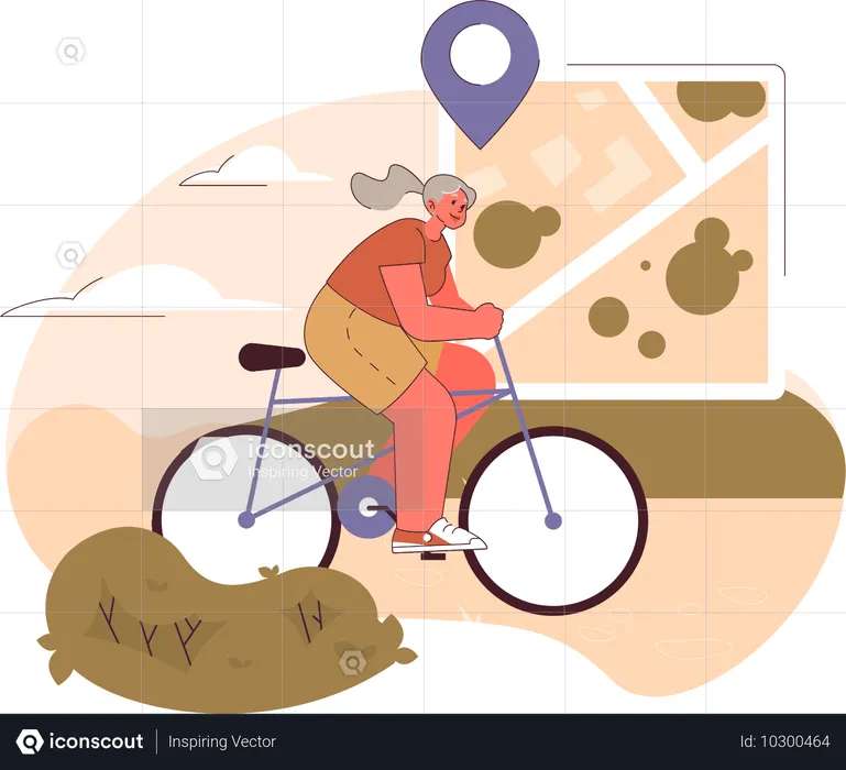 Mulher idosa andando de bicicleta e usando mapa  Ilustração