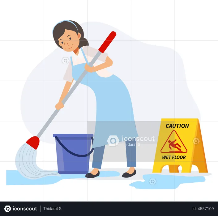 Velha governanta limpando o chão com cautela, tábua de chão molhado  Ilustração
