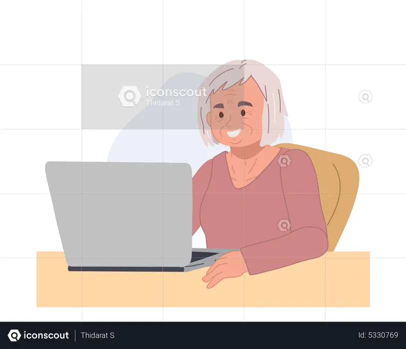 Mulher idosa usando laptop  Ilustração