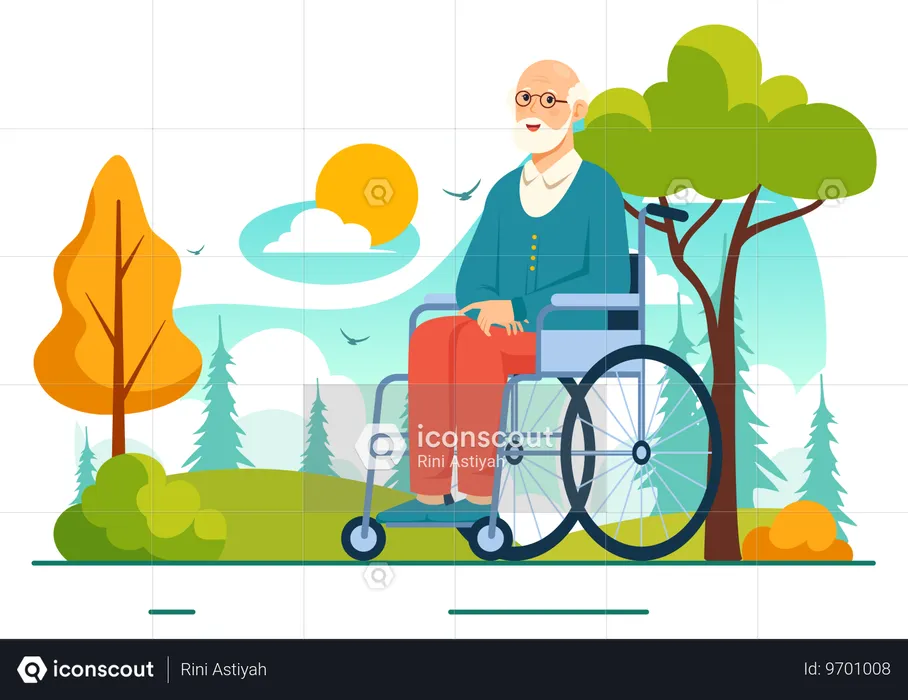 Velho em cadeira de rodas explorando ao ar livre  Ilustração