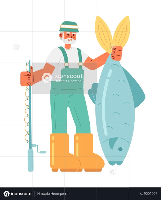 Velho pescador segurando peixes grandes e vara de pescar  Ilustração