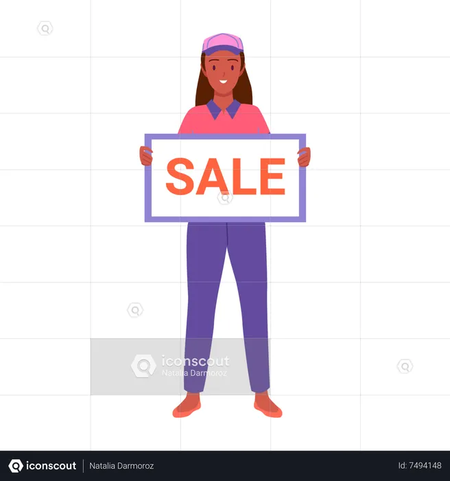 Chica vendedora sosteniendo tablero de venta  Ilustración