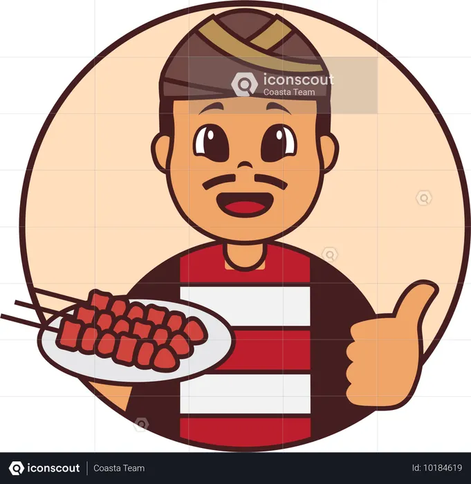 Vendedor de comida e vendedor segurando Satay  Ilustração