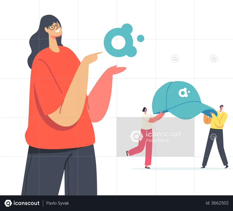 Vendedora apresentando empresa para campanha publicitária de identidade de marca  Ilustração