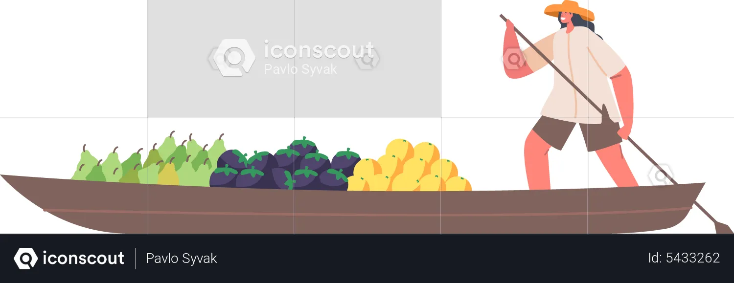 Vendedora asiática vendendo frutas tropicais em barco  Ilustração