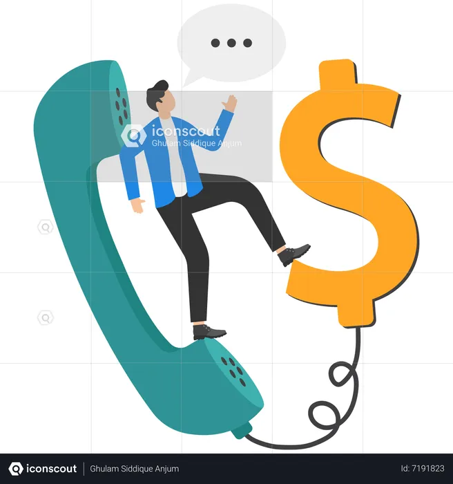 Vendeur de confiance debout avec un téléphone connecté au signe du dollar d'argent  Illustration