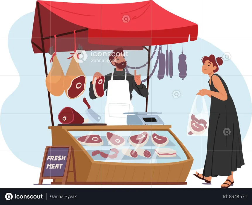 Le vendeur vend de la viande au stand de boucherie  Illustration