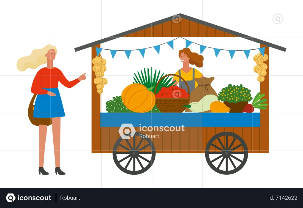 Vendeurs vendant des fruits et légumes au client  Illustration