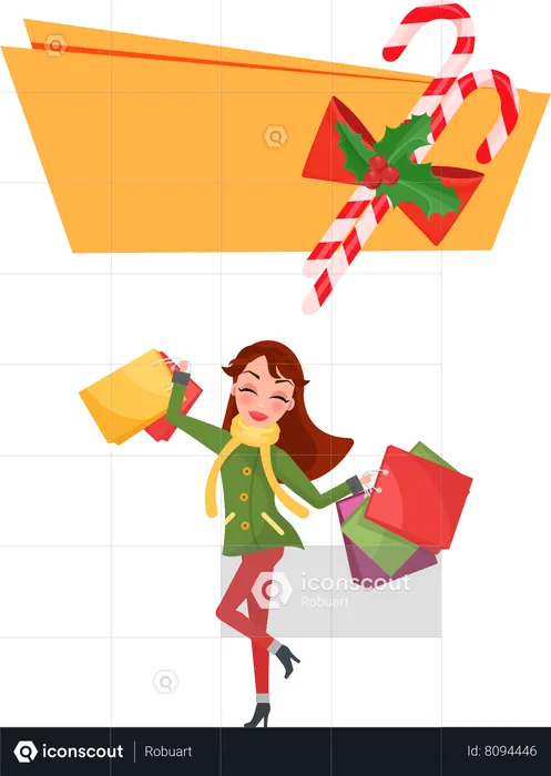 Venta de Navidad Dulces y Lazo y Niña con Bolsa  Ilustración