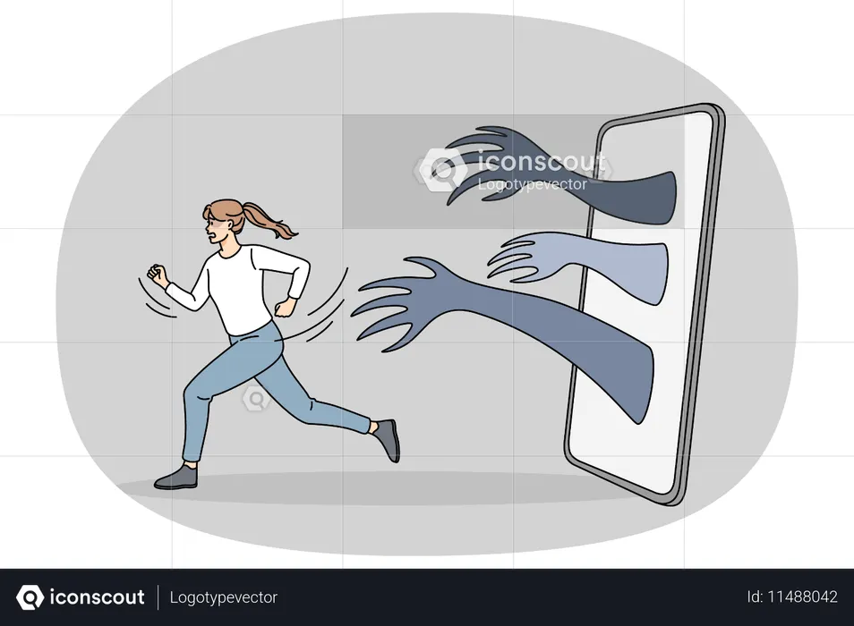 Verängstigte Frau rennt vor Händen weg, die vom Handy kommen  Illustration