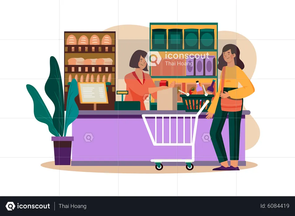Verkäuferin reicht Kundin im Lebensmittelgeschäft Einkaufstüte  Illustration