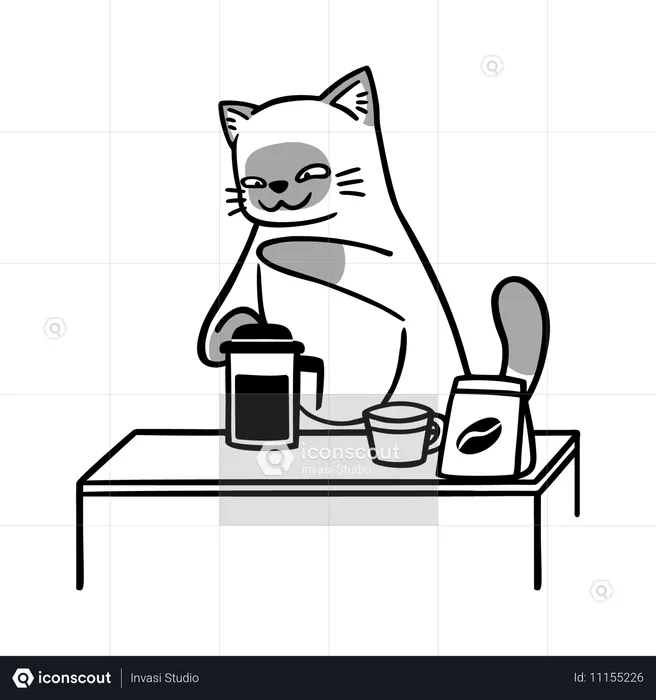 Verspielte Katze kocht Kaffee  Illustration