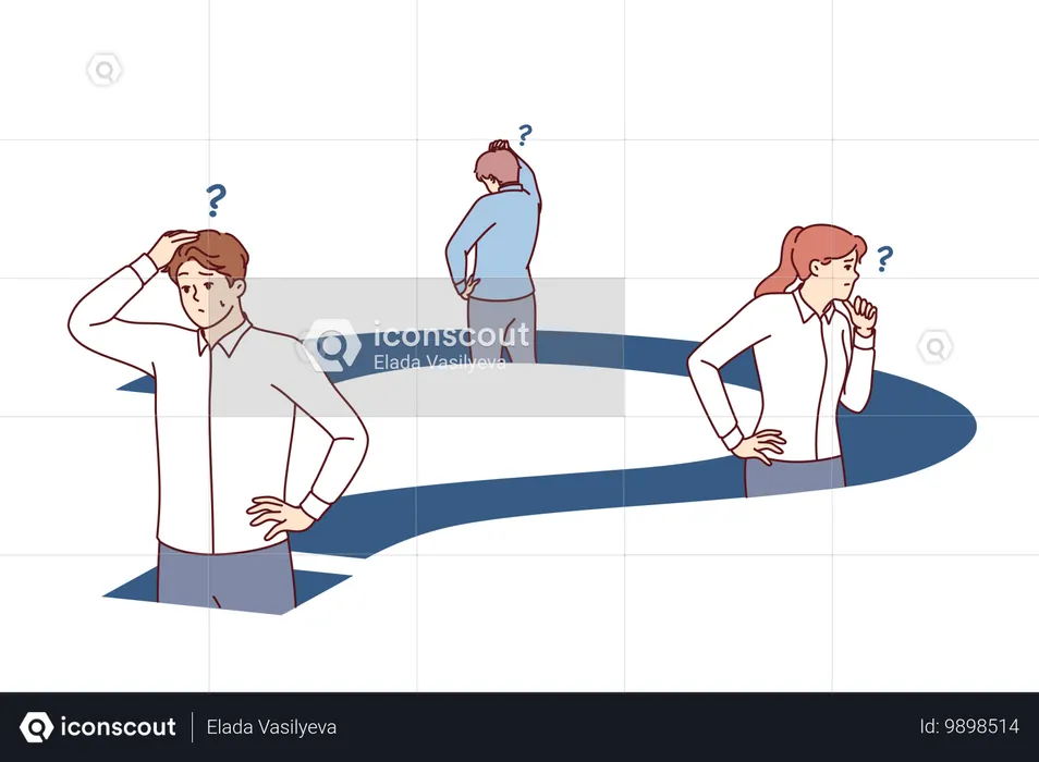 Verwirrte Geschäftsleute stehen vor großen Fragen und versuchen, einen Ausweg aus der Sackgasse zu finden  Illustration