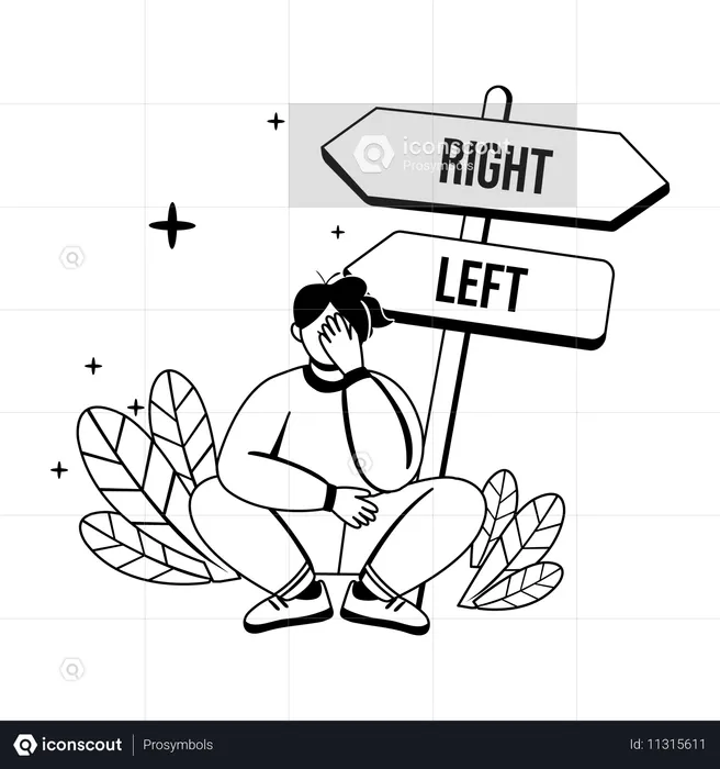 Verwirrter Junge sitzt neben Richtungstafel  Illustration