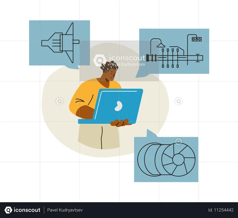 Vessel technical crew with laptop inspecting machinery construction, vector mechanic staff, diagrams  Illustration