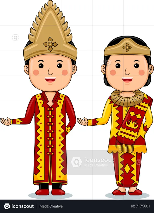 Un couple porte des vêtements traditionnels de Palembang, dans le sud de Sumatra  Illustration