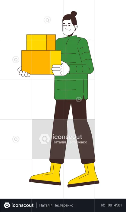 Homme en vêtements d'hiver transportant des cartons  Illustration