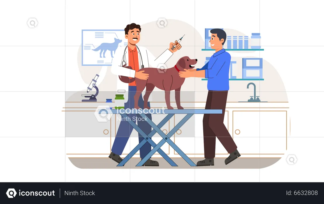 Veterinarian doctor holding puppy  Illustration