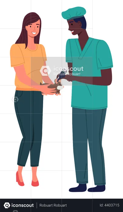 Veterinarian man meet girl with hamster in the medical office  Illustration
