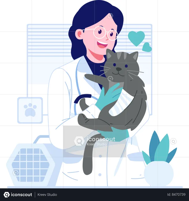 Veterinario llevando gato mascota  Ilustración