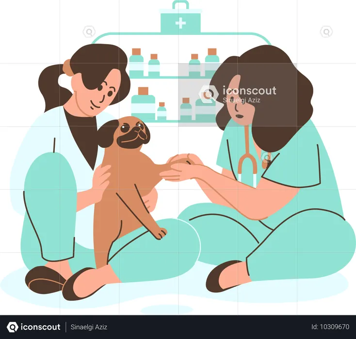 Veterinário dando vacinação a um cão em uma clínica  Ilustração