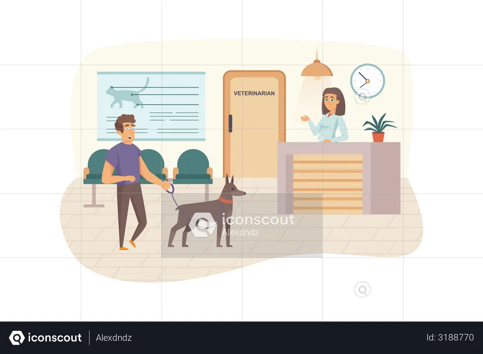 Veterinary clinic scene. Man with dog visits vet, waiting for doctor's appointment in reception. Veterinarian medicine and healthcare concept. Vector illustration of people characters in flat design  Illustration