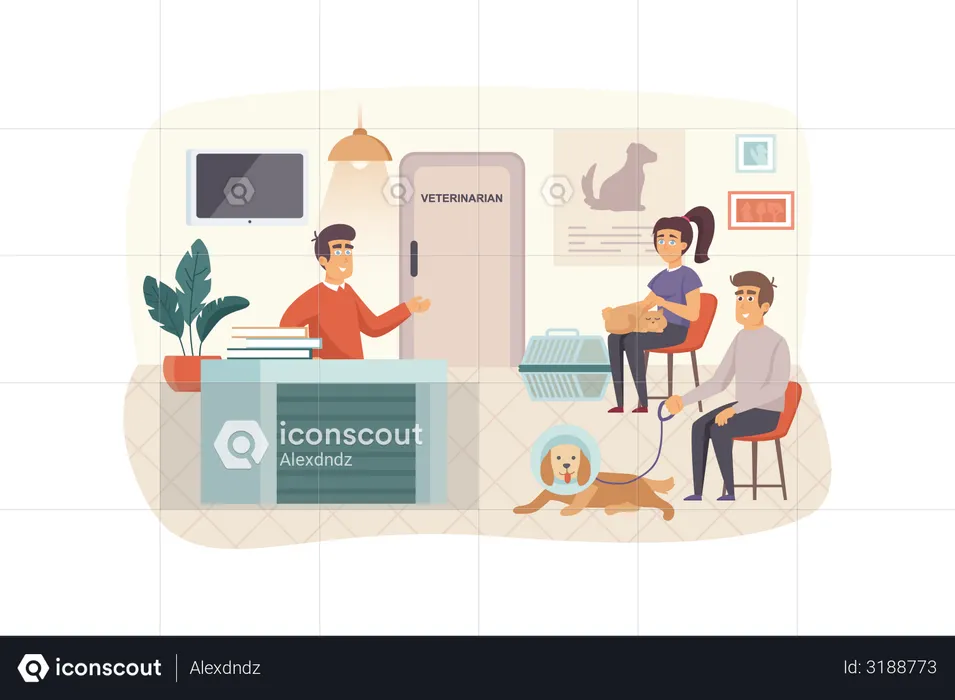 Veterinary clinic scene. Owners with pets waiting for their turn to see doctor. Woman with cat, man with dog. Veterinarian medicine concept. Vector illustration of people characters in flat design  Illustration