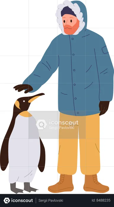 Viajante acariciando pinguim polar  Ilustração