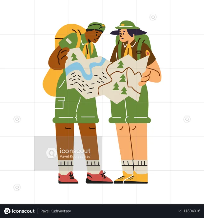 Viajeros exploradores con una mochila grande mientras miran el mapa  Ilustración