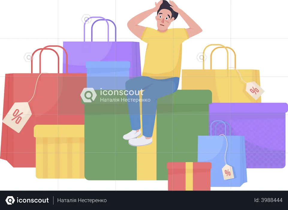 Shopaholic cercado por sacolas de compras  Ilustração