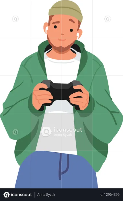 Video game developer character playing gamepad holding console in hands engaged in testing process  Illustration