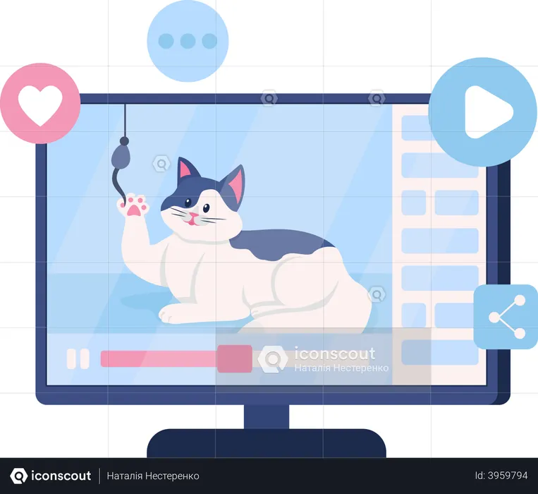 Video with funny cat on computer screen  Illustration