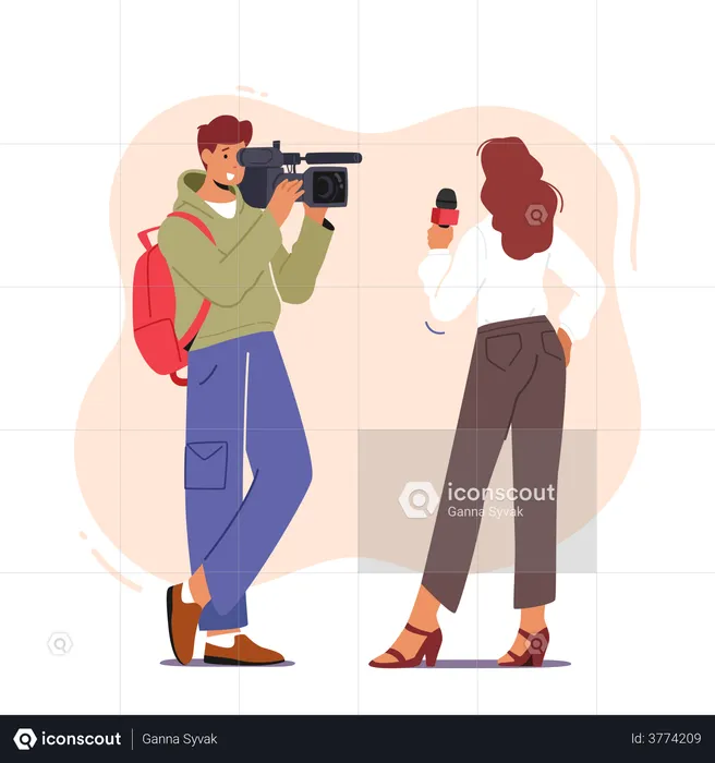 Videographer Cameraman with Female Journalist  Illustration