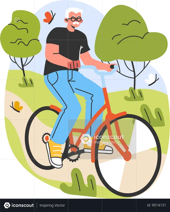 Vieil homme faisant du vélo dans le parc  Illustration