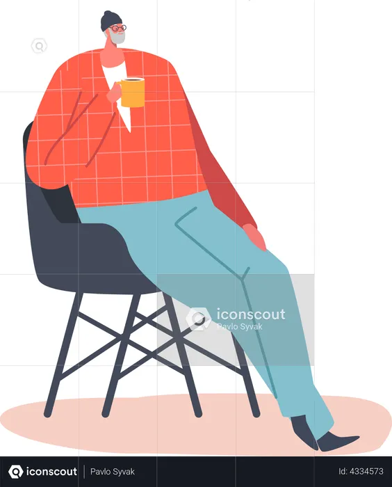 Vieil homme assis confortablement sur un fauteuil  Illustration