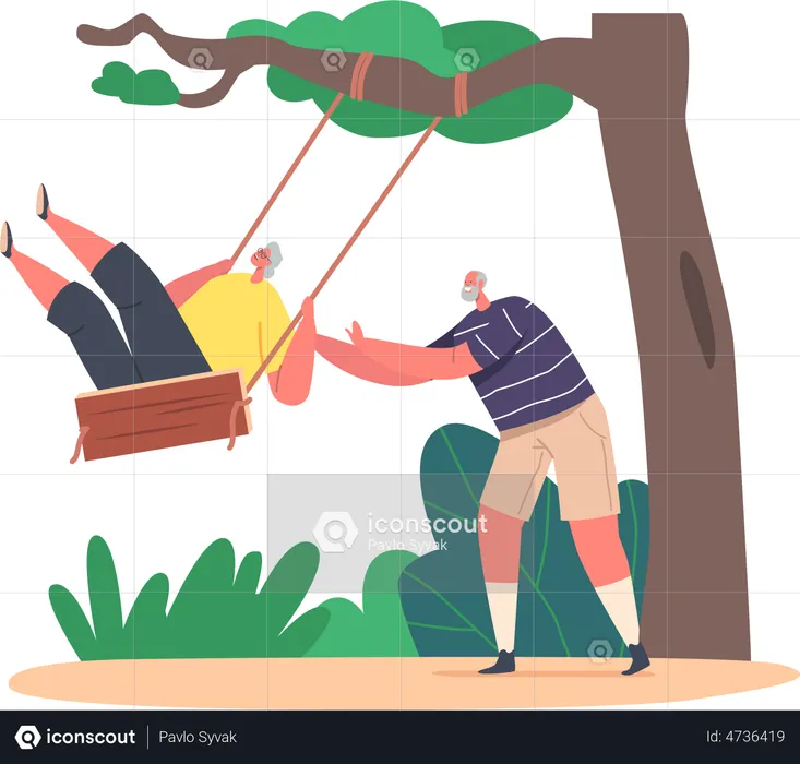 Vieil homme poussant une femme âgée assise sur une planche en bois suspendue à un arbre  Illustration