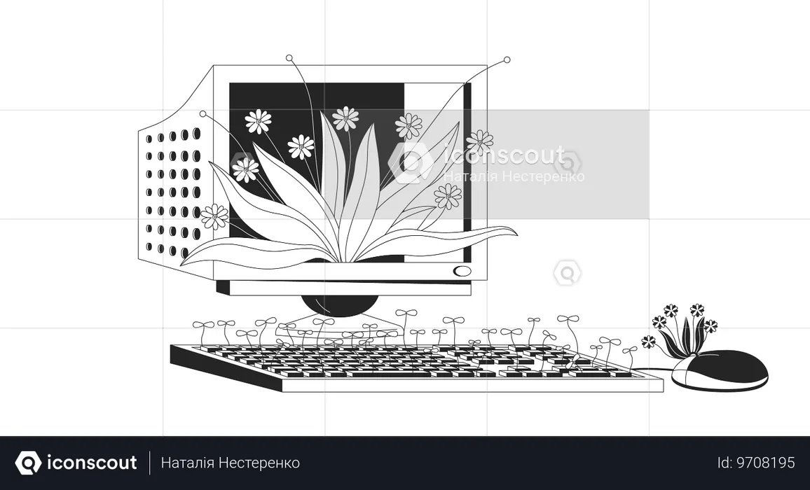 Vieil ordinateur avec des plantes en croissance  Illustration