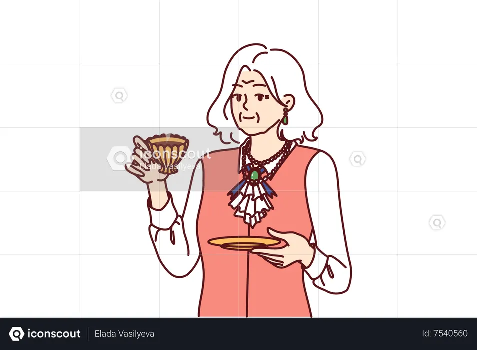 Vieille dame buvant du thé  Illustration