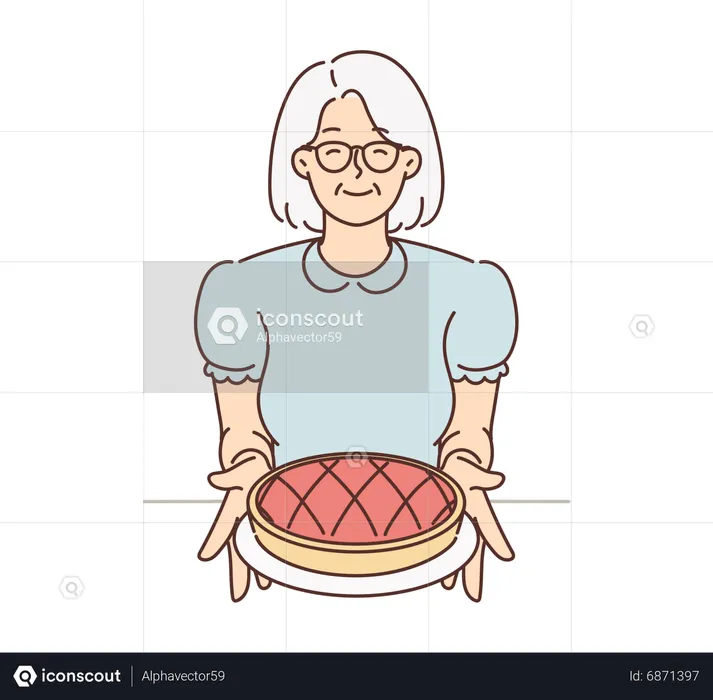 Vieille dame tenant un gâteau au four  Illustration