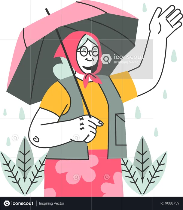 Vieille femme agitant la main tout en profitant de la pluie  Illustration