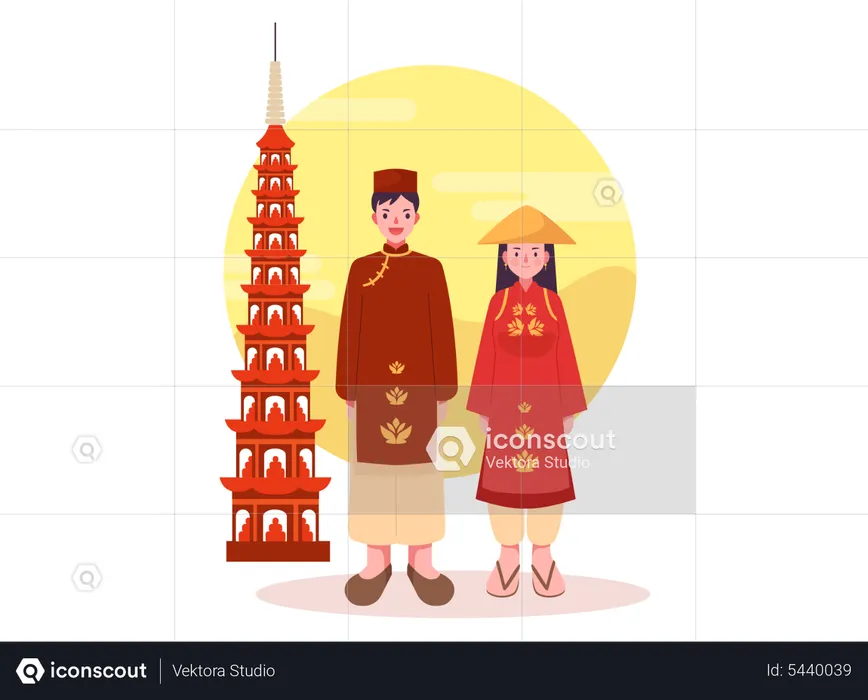 Vietnamese couple in traditional clothes  Illustration