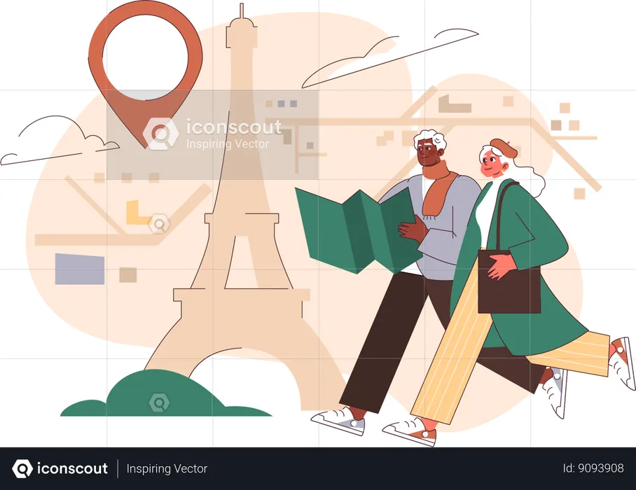 Un vieux couple trouve son emplacement sur une carte lors d'un voyage international  Illustration