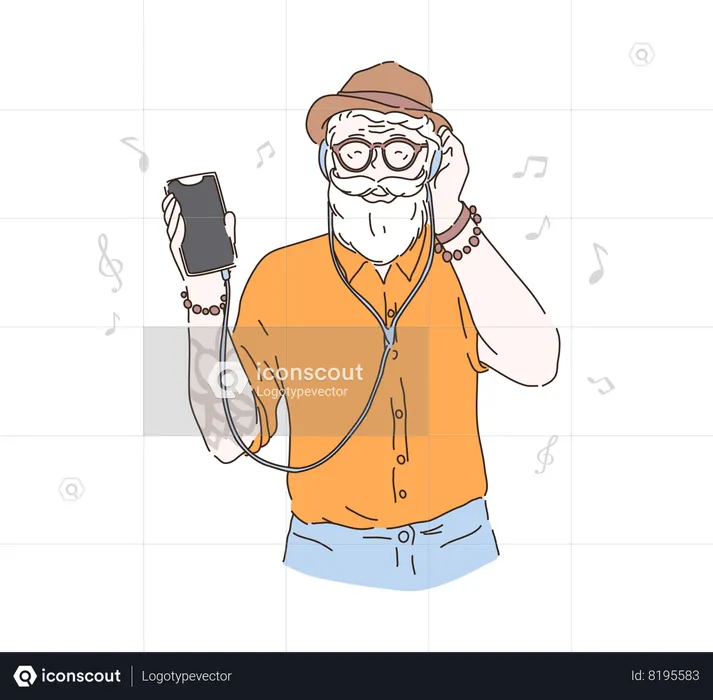 Vieux hipster écoutant de la musique  Illustration